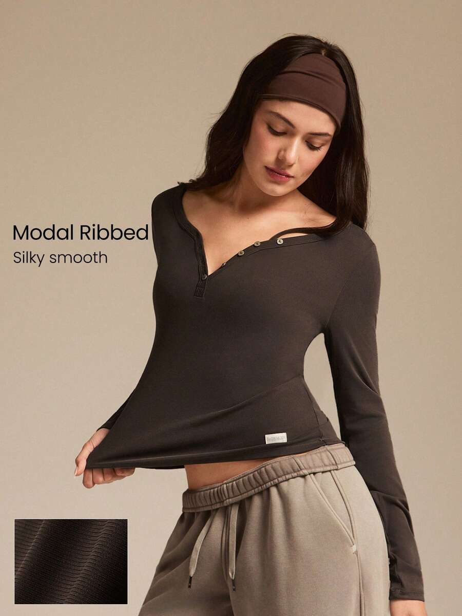 GLOWMODE Modal Ribbed Cozy Confidence Soft Stretchy Breathable Distressed Curved Neckline Buttons Hip Length Long Sleeve Top  Daily Casual Wear Spring Summer - Brown - View 1