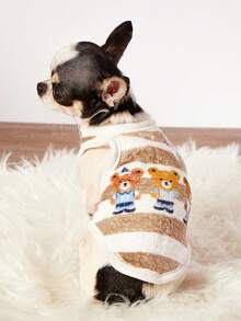 PETSIN 1 pieza Camiseta de tirantes para mascotas con estampado de osito atleta lindo, a rayas, de franela gruesa y cálida para otoño/invierno - Multicolor - Ver 2