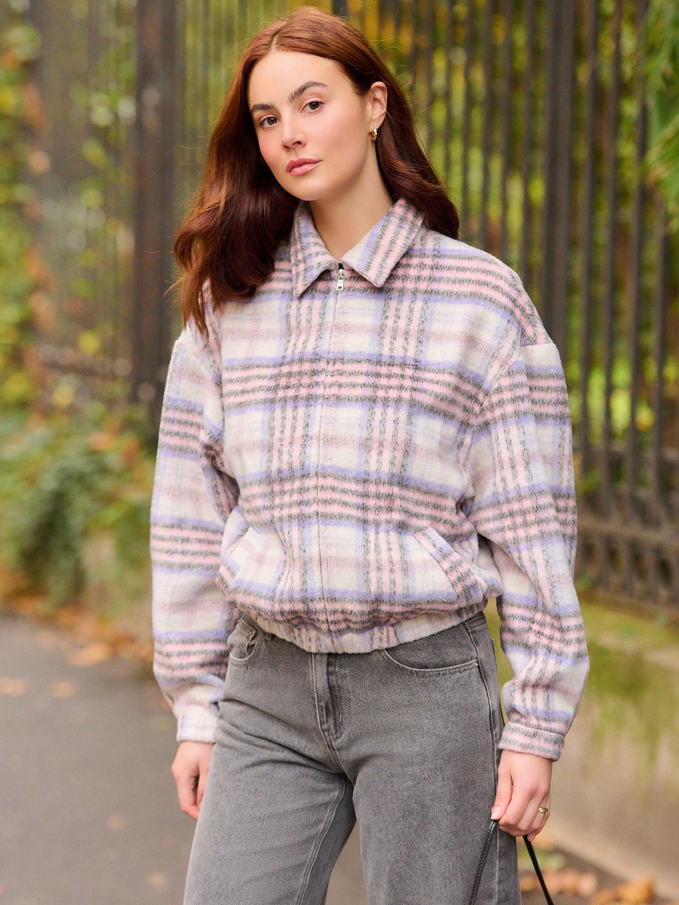 Pink Check Print Zip Front Woolen Bomber Jacket Winter Vintage Style Pink Plaid Jacket Spring Summer Going Out