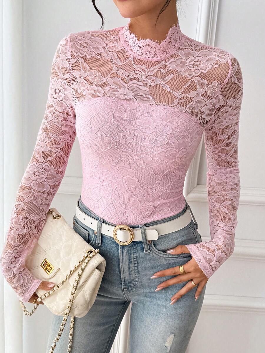 RosyDaze Women's Elegant French Lace Collar Fitted Long Sleeve T-Shirt - Baby Pink - View 1