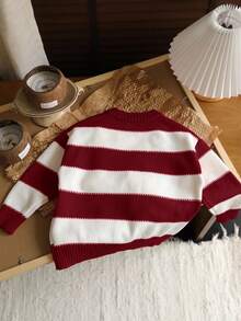 LMoss Kids LMoss 1pc Young Boys Korean Style Cute Casual Striped High Neck Oversized Warm Sweater, Can Be Worn Under Or Outerwear, Suitable For Outings, School, Daily Gatherings, Christmas, Autumn/Winter Red And White Sweaterkids Knit Sweaterstriped Sweater