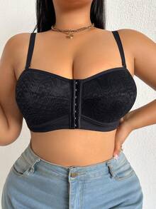 DesireSculpt 1pc Plus Size Women Lace Patchwork Wireless Bra - Black - View 9