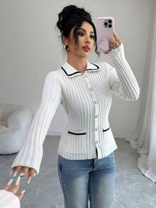 SHEIN Elenzya Women's Elegant Contrast Color Ribbed Metal Button Cardigan, Thanksgiving Autumn/Winter Pocket Lapel Long Sleeve Knit Sweater - White - View 6