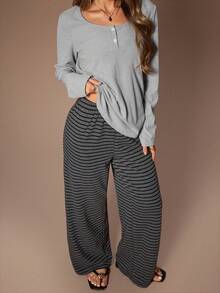 Lazeform 2pcs Women Casual Solid Color Snap Button Scoop Neck Top And Striped Pants Lounge Set , Fall & Winter Clothes - Multicolor - View 3