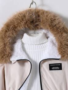 女童休闲日常通勤拉链拼接仿毛皮连帽保暖羽绒服，秋冬季 - 卡其色 - 查看 5