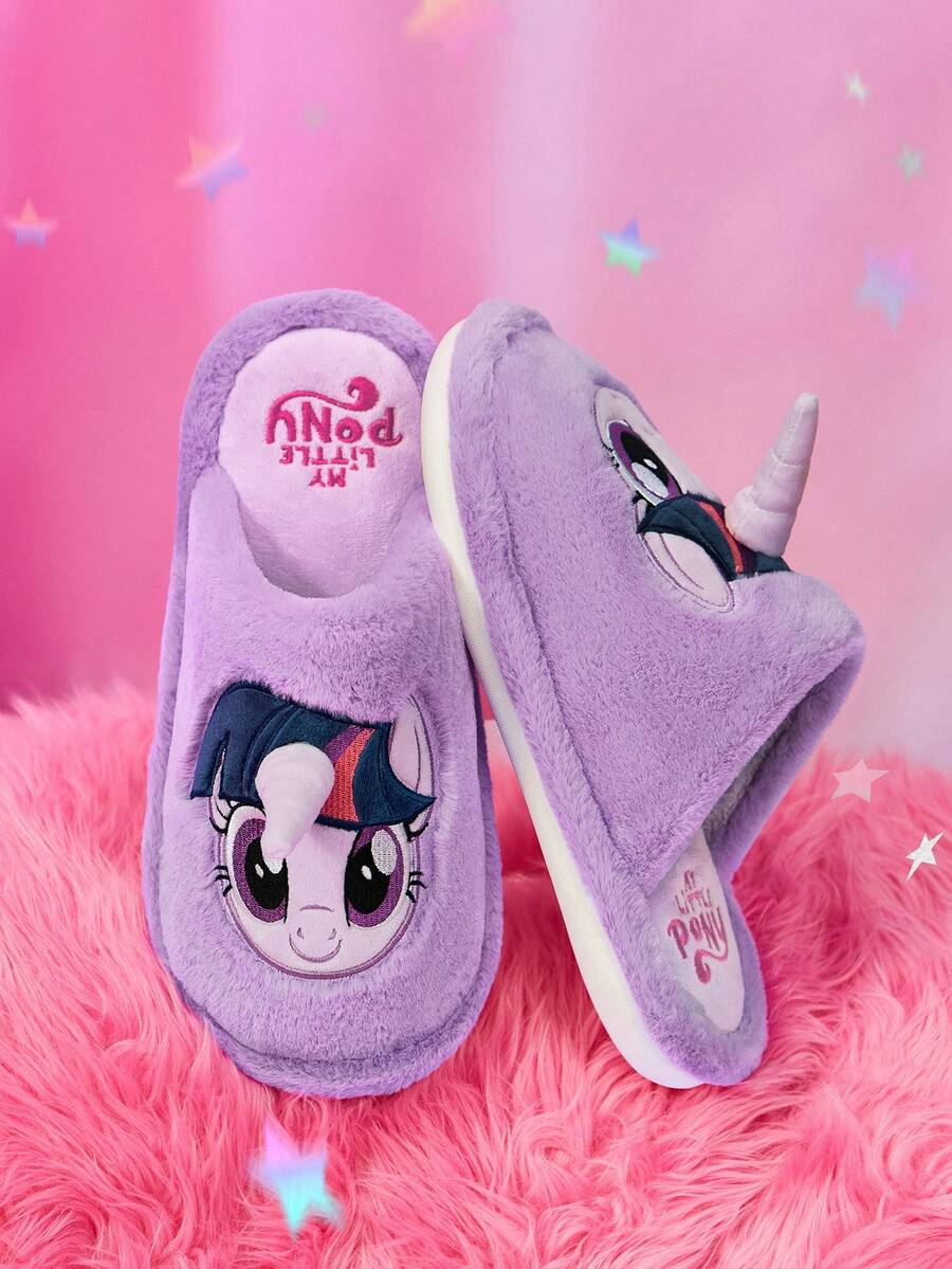 My Little Pony X SHEIN Dép đi trong nhà thêu hình kỳ lân ấm áp dễ thương cho nữ, mùa thu/đông - Màu tím - Xem 1