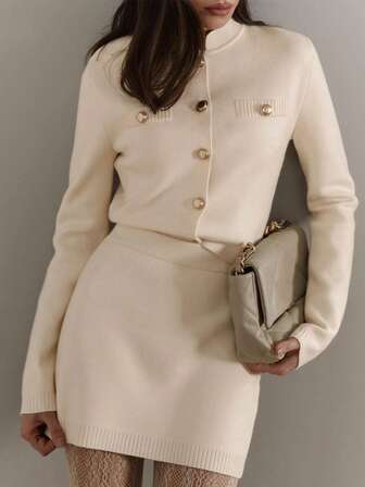 Cévolie Women's Solid Color Long Sleeve Single-Breasted Knitted Cardigan And Knitted A-Line Skirt Casual 2 Pieces Set, Autumn/Winter