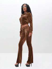 BABYPHAT Pantalones de chándal de terciopelo de tiro bajo con adorno de strass, pantalones de lujo para estar en casa con pernera acampanada y comodidad invernal - Marrón Chocolate - Ver 4