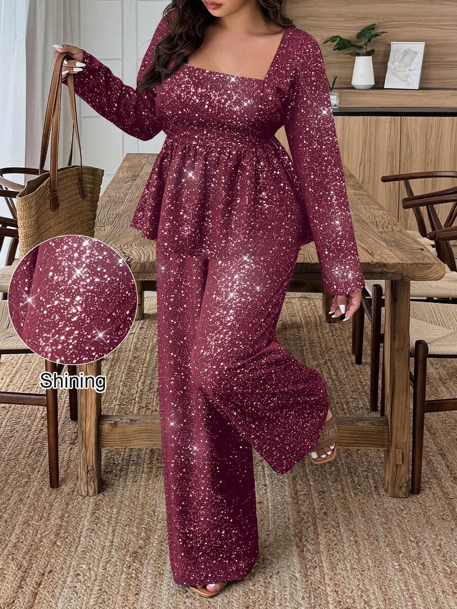 SHEIN LUNE 2pcs Set Square Neck Ruffle Hem Faux Foil Print Outfit - Burgundy - View 1