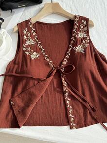 Comfortcana 波西米亚休闲花卉刺绣前系带无袖衬衫 - 棕色 - 查看 7