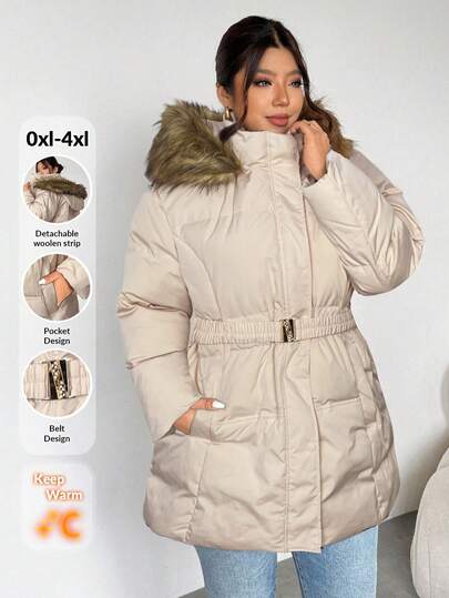 Firerie Plus Size Casual Hooded Fuzzy Bicolor Beanie Hat, Black Cinched Waist With Metal Buckle Belt, Long Sleeve Thick CottoPadded Coatet For Hiking & Skiing, Autumn/Winter Winter Coats Women Jackets Plus Size Puffer Jacket With Fur Hood Plus Size Coats For Women Outerwear Women/Light Khaki Apricot Plus Size Thick Cotton Coat/Autumn Winter Coat/Zip-Up Hooded Coat/Detachable Hood Coats For Women Plus Plus Size Winter Clothes Winter Coat Women
