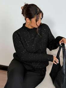 Firerie Suéter casual de cuello redondo de manga larga para mujer / Suéter casual de cuello alto de manga larga de talla grande para otoño/invierno en negro y colores mezclados para uso casual en casa/oficina / Suéter básico de estilo callejero de talla grande para todos los días - Negro - Ver 4