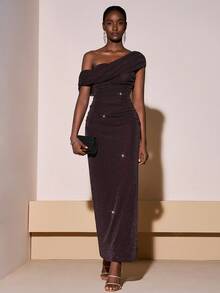 Zivah 2025 Autumn/Winter New Arrival Music Festival, Easter, St. Patrick's Day, Western, Nomadic, Birthday Party, Graduation, College Style, Student, Daily Casual, All-Match Versatile, Leisure, Cruise Travel, Beach, Sunbathing, Viral , Streetwear, Wedding Guest Boho, Commute, Brunch, Airport, Party, Holiday Occasion Elegant Asymmetric Ruched Fitted Dress With Slit, Deep Brown One Shoulder Dress One Sleeve Dress Draped Dress Shimmer Dress Ruched Dress - Chocolate Brown - View 4
