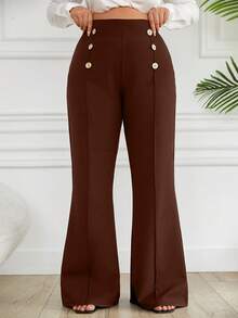 EURMUSE Plus Size Double Breasted Decorative Flared Trousers - Mocha Brown - View 1