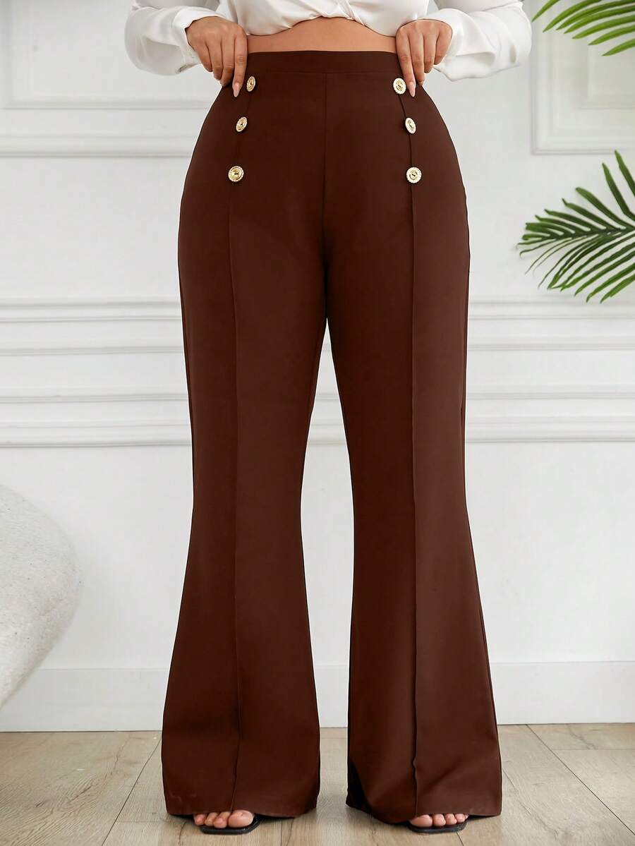 EURMUSE Plus Size Double Breasted Decorative Flared Trousers - Mocha Brown - View 1