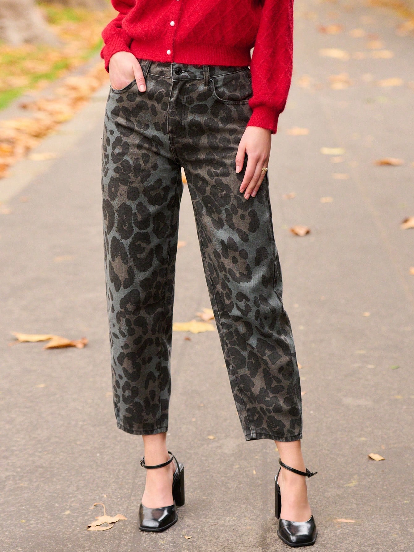 High Waisted Barrel Leg Leopard Print Jeans With Pockets Spring Summer Animal Print Jeans