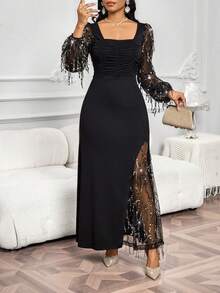 SHEIN Lady Đầm dự tiệc bodycon tay dài đính tua rua sequin dành cho nữ - Đen và vàng - Xem 7