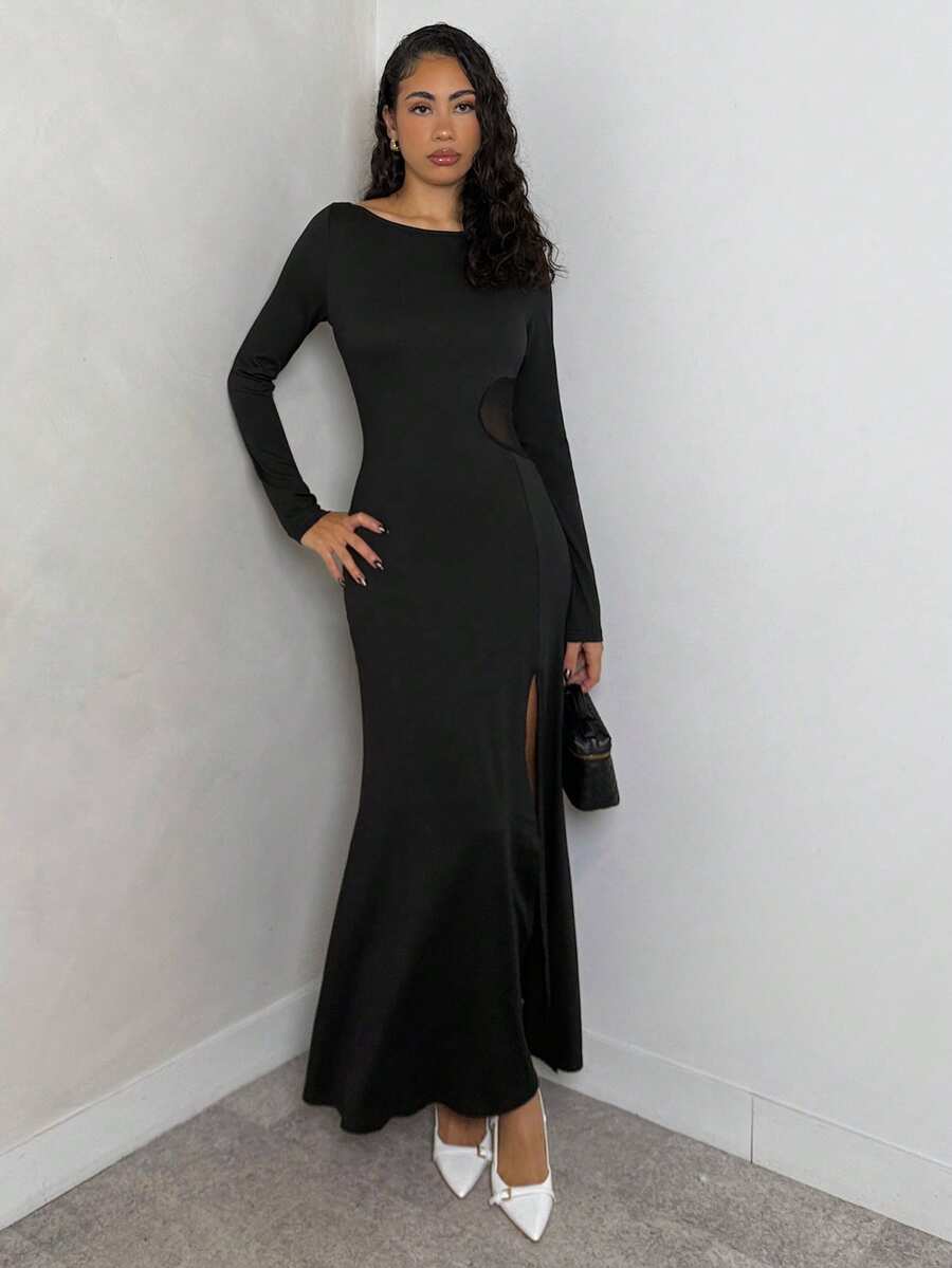 Glamine Vestido largo negro de malla ajustado y elegante para mujer - Negro - Ver 1