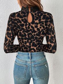 SHEIN Frenchy 女士撞色蕾丝豹纹立领长袖连体衣 - 黑色 - 查看 2