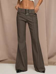 SHEIN BAE Women's Solid Color Seam Front Belted Elegant Flare Leg Pants,Fall,Fall Clothes For Women,Winter Clothes For Women - Brown - View 1