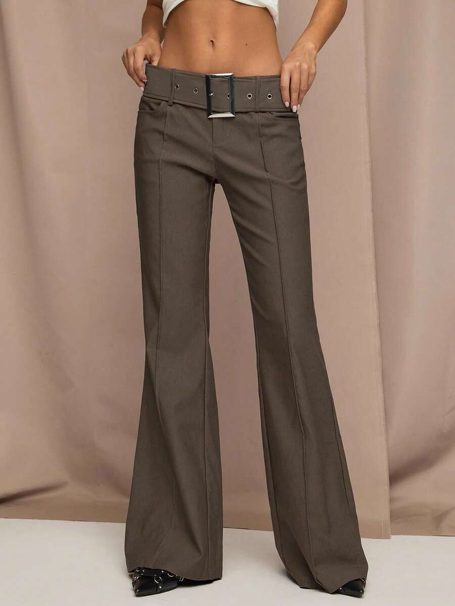 SHEIN BAE Women's Solid Color Seam Front Belted Elegant Flare Leg Pants,Fall,Fall Clothes For Women,Winter Clothes For Women - Brown - View 1