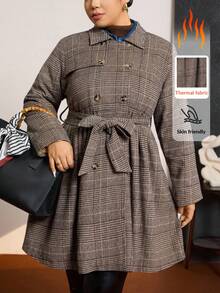 Zelara Plus Size Women Houndstooth Print Long Sleeve Double-Breasted Belted Elegant Coat, Autumn Winter Long Casual Winter Coat Casual Fleece Coat, Comfortable And Warm From The Cold, Comfortable And Warm From The Cold, 2025 New - Brown - View 2