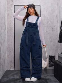 Jeanoix Plus Size Solid Color Casual Denim Jumpsuit