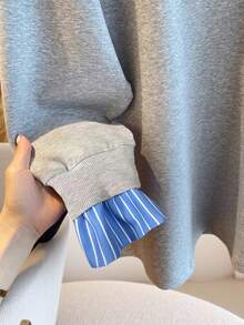 INAWLY Áo nỉ dài tay họa tiết kẻ sọc cổ chữ V rộng rãi thoải mái dành cho nữ - Xám - Xem 3