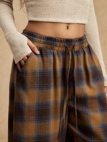 Easelle 女士抽绳腰带格子阔腿宽松休闲裤 - 棕色 - 查看 7