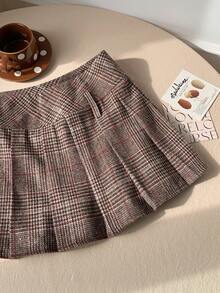 Comfortcana Chân váy chữ A xếp ly kẻ caro thường ngày dành cho nữ, Thu/Đông - Nhiều màu - Xem 4