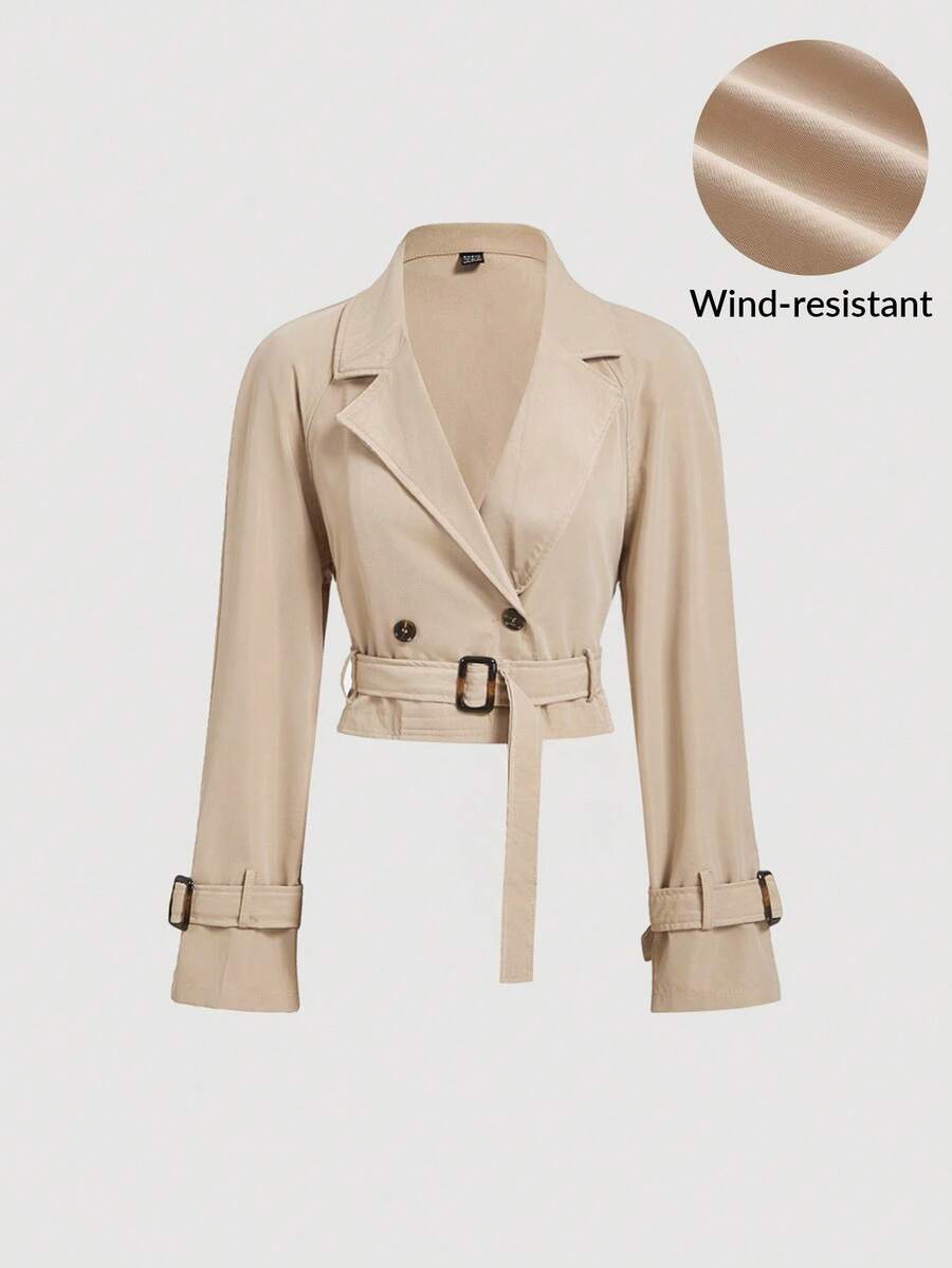 SHEIN MOD 女士卡其色短款休闲宽松外套，配腰带，秋季外套，秋装，秋装，度假女装，返校季 - 卡其色 - 查看 1
