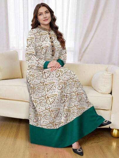 SHEIN Najma Plus Size Women Vintage Floral Retro Print Button Collar Long Sleeve Dress