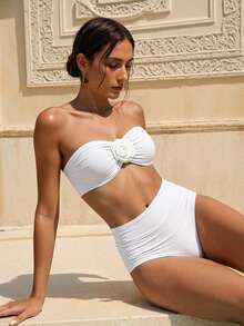 Swim Chiccia Bộ bikini liền thân họa tiết hoa 3D đơn giản, màu trơn dành cho nữ, thích hợp đi biển và đi nghỉ - trắng - Xem 1