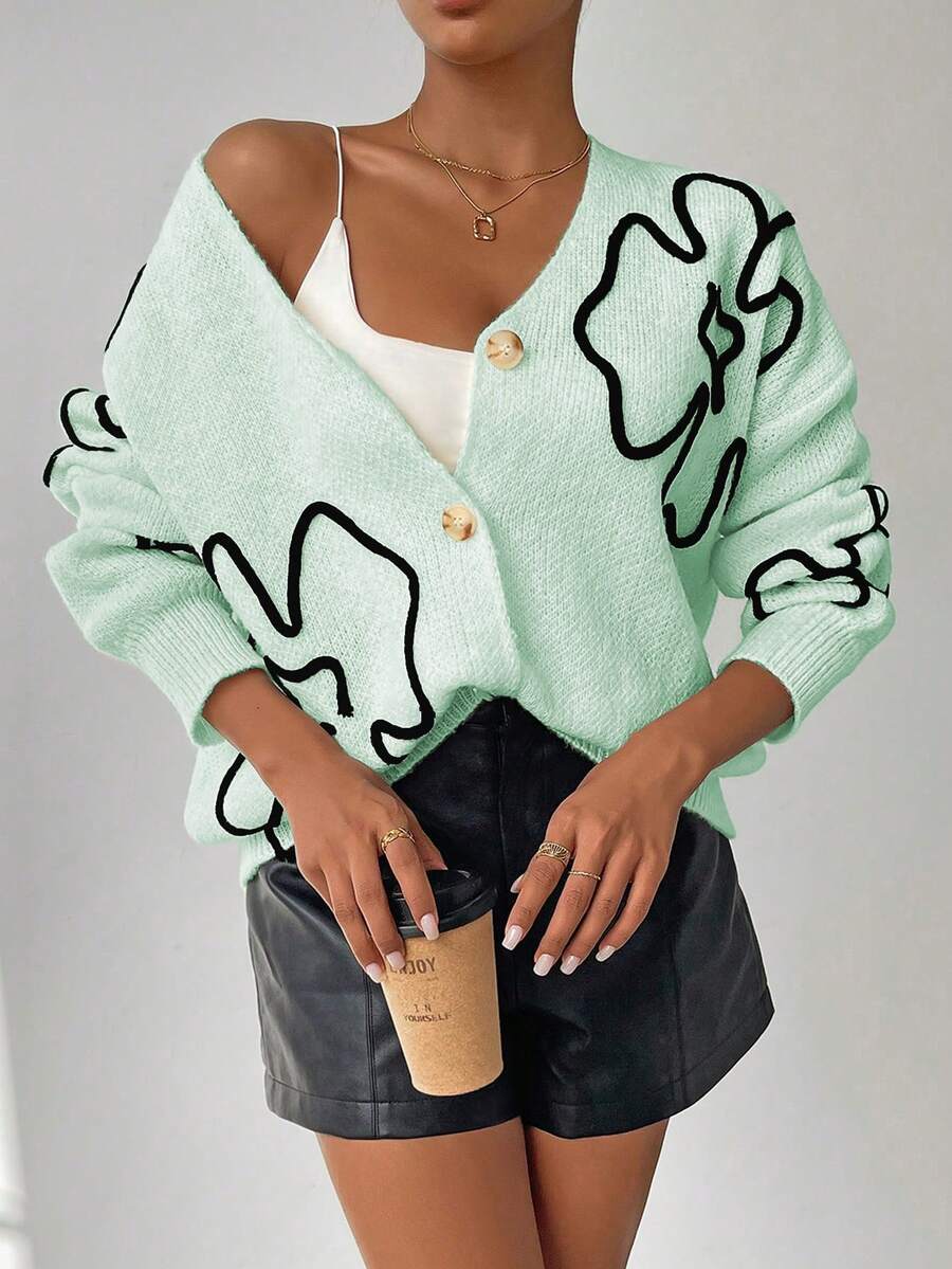 Chiquease Women's Colorblock Pattern Long Sleeve Cardigan - Mint Green - View 1