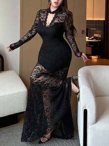 Vibekara Plus Size Women's V-Neck Long Sleeve Lace Patchwork Hollow Out Mermaid Elegant Vintage Cute Sexy Slim Maxi Dress Black Lace Dress Wedding Guest - Black - View 1