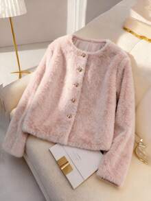 Franclia 加大码长袖金属纽扣仿皮草白色休闲优雅外套 女款粉色外套 粉色仿皮草夹克 粉色蓬松夹克 粉色皮草外套 粉色纽扣夹克 女款夹克 女款粉色皮草夹克 粉色夹克 仿皮草外套 女款粉色夹克 圆领夹克