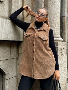 Muchica Plus Size Solid Color Fuzzy Front Button Sleeveless Jacket, Autumn/Winter - Khaki - View 5