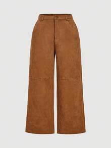 SHEIN MOD 大码棕色约会之夜纯色PU皮直筒裤，棕色系沙漠风情，70年代复古美学 - 棕色 - 查看 6