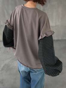 FRIFUL Women's Casual Plaid Patchwork 2 In 1 T-Shirt, Autumn - Grey - View 3