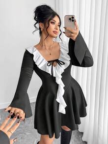 Elenzga Plus Size Women's Fitted Flare Sleeve Mini Black & White Dress, Fashionable Tie-Waist V-Neck Patchwork White Ruffle Hem Elegant A-Line Dress - Black and White - View 7