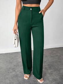 EURMUSE 娇小码女式纯色高腰直筒裤，适合日常穿着 - 墨綠色 - 查看 3