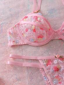 SHEIN Women's Floral Lace Comfortable Lingerie Set - Pink - View 7