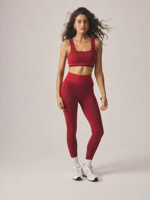 Aralina 休闲双色千鸟格提花无缝露脐上衣和侧条纹紧身裤两件套运动健身套装 - 紅色 - 查看 2