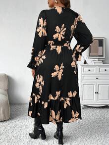 Elenzga 大码女装秋冬时尚休闲V领碎花长款收腰连衣裙，修身显瘦长款女装 - 彩色 - 查看 2