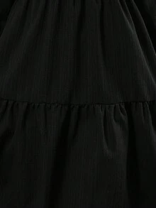 SHEIN Tween Girl Solid Color Round Neck Long Sleeve Pleated Mini Casual Dress - Black - View 4