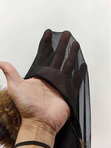 Amplova 女士网眼拼接透视紧身衣，性感毛茸茸拼接长袖，适合日常穿着，约会，新年，纯色拼接皮草时尚服装，秋冬 - 黑色 - 查看 15