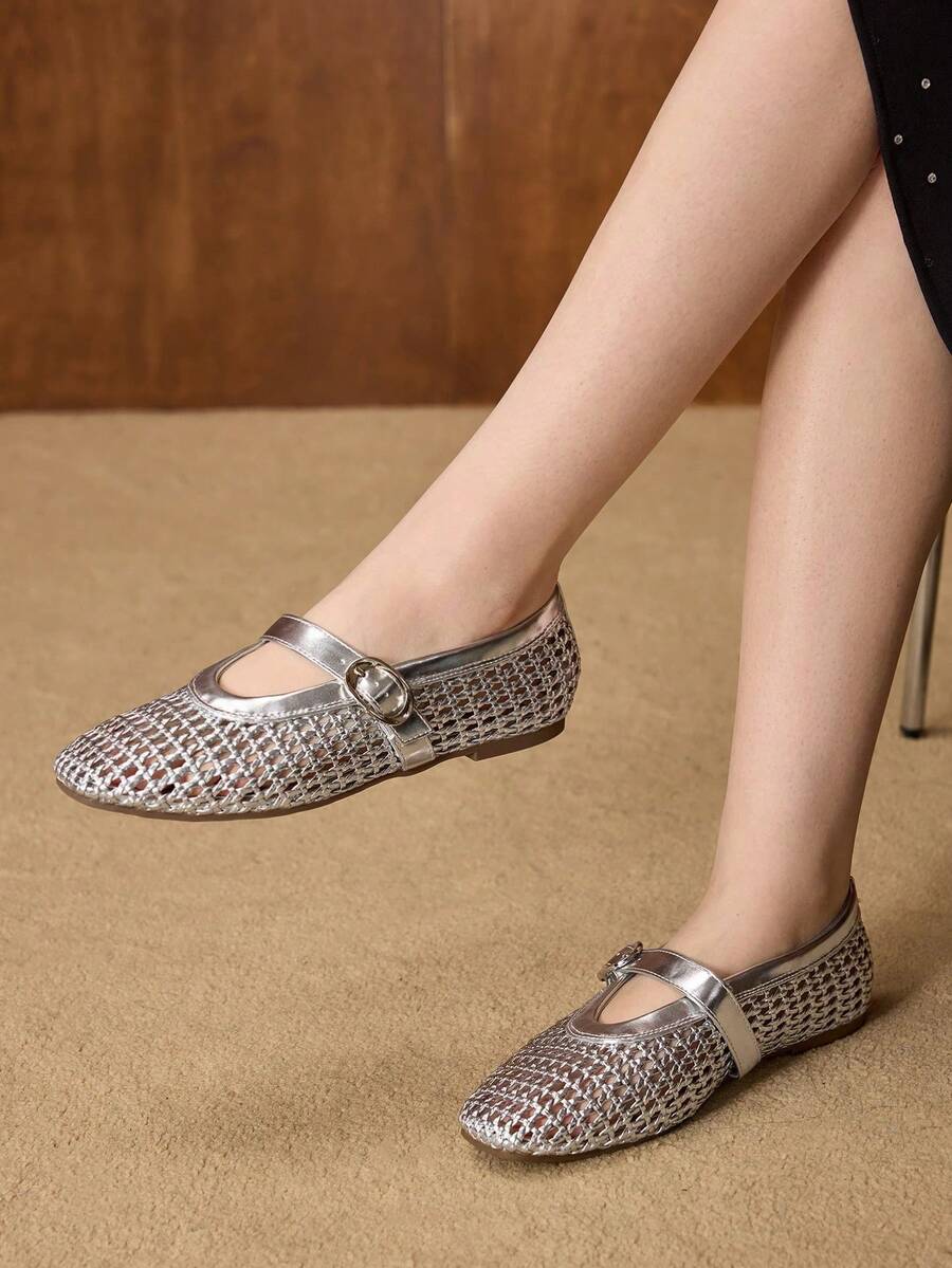 MOTF PREMIUM 春夏新款法式时尚银色镂空编织芭蕾舞鞋渔网鞋透气玛丽珍女士平底低帮鞋，舒适百搭，优雅简约休闲，耐磨不伤脚，高端镂空凉鞋 - 銀色 - 查看 2
