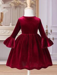 Glamorique Kids 幼儿酒红色天鹅绒珍珠装饰大蝴蝶结喇叭袖连衣裙，甜美优雅，适合圣诞派对和新年穿着 - 酒紅色 - 查看 2