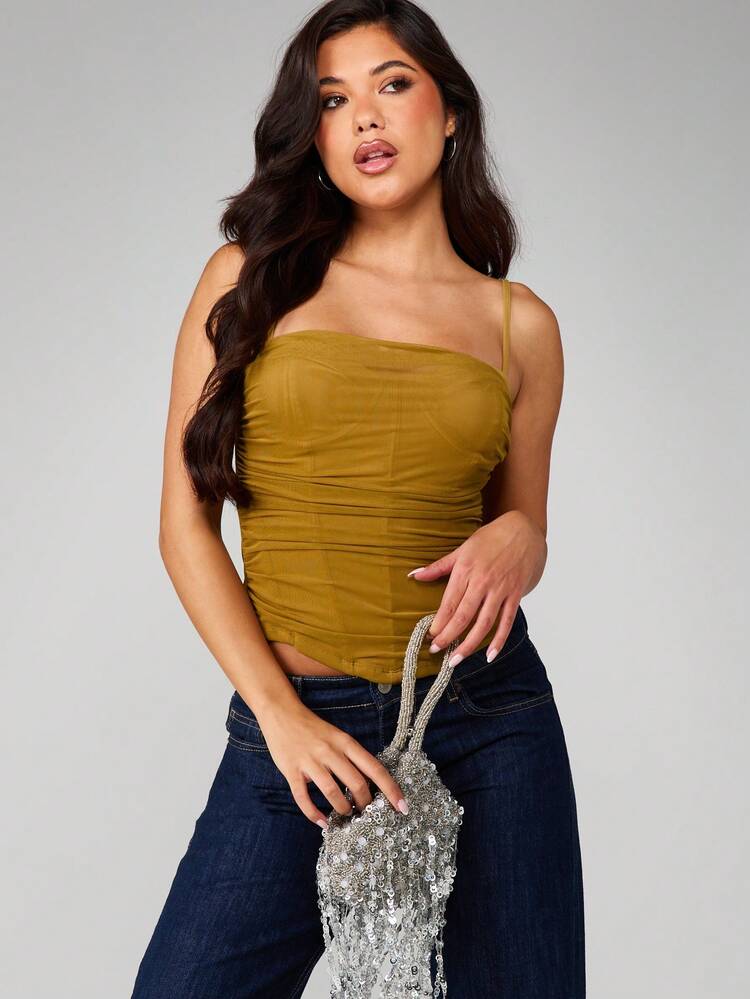 MISSGUIDED Ruched Draped Mesh Cami Tank Top With Thin Straps And Body Hugging Silhouette For Casual Occasions