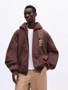 SUMWON Regular Men's Brown Full-Zip Hoodie With Drawstring Hood Centre Pocket Logo Branding Comfortable Casual Sweatshirt For Fall Winter Daily Wear Layering - Brown - View 1